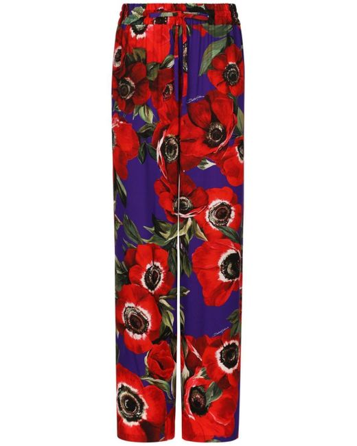 Dolce & Gabbana Red Anemone Charmeuse Wide-leg Pants