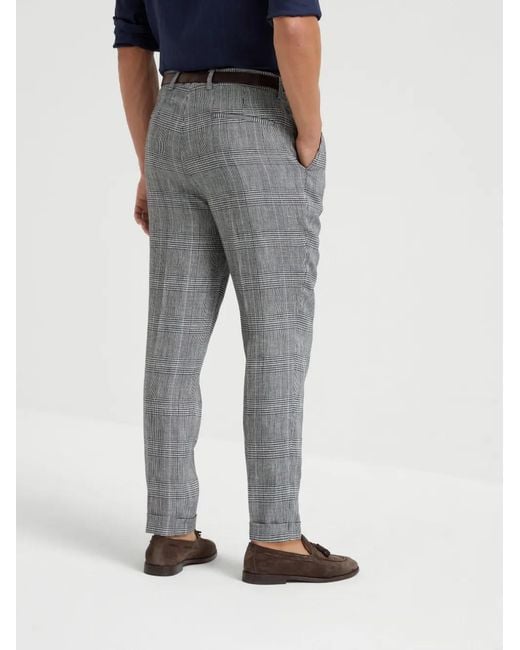 Brunello Cucinelli Gray Cotton And Linen Prince Of Wales Trousers With Pleat for men