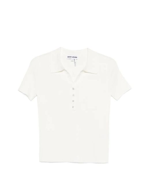 DKNY White T-Shirt Côtelé À Boutonnière