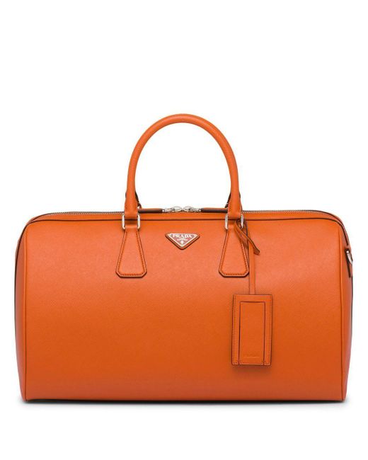 Prada Leather Logopatch Travel Bag in Orange for Men Lyst