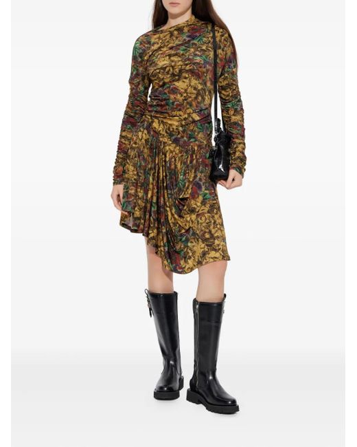 Ganni Yellow Ruched Floral Midi Dress