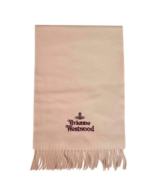 Vivienne Westwood Natural Embroidered-Logo Fringed Scarf