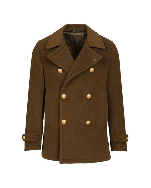 Tagliatore Brown Double-Breasted Wool Pea Coat for men