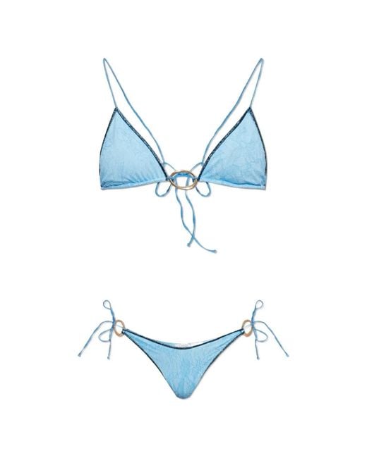 Oseree Blue Lace-Patterned Ring-Detail Bikini