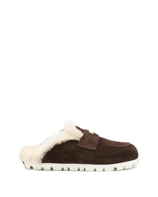 Miu Miu Brown Shearling-Lined Suede Flat Mules