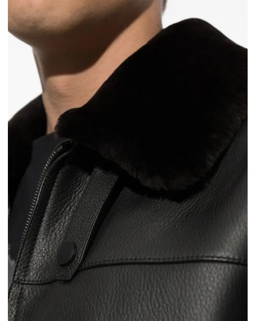 Brioni Black Faux-Fur Collar Leather Jacket for men