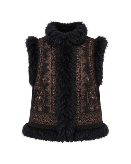 Antik Batik Black Sandora Floral-Embroidered Shearling-Trim Gilet