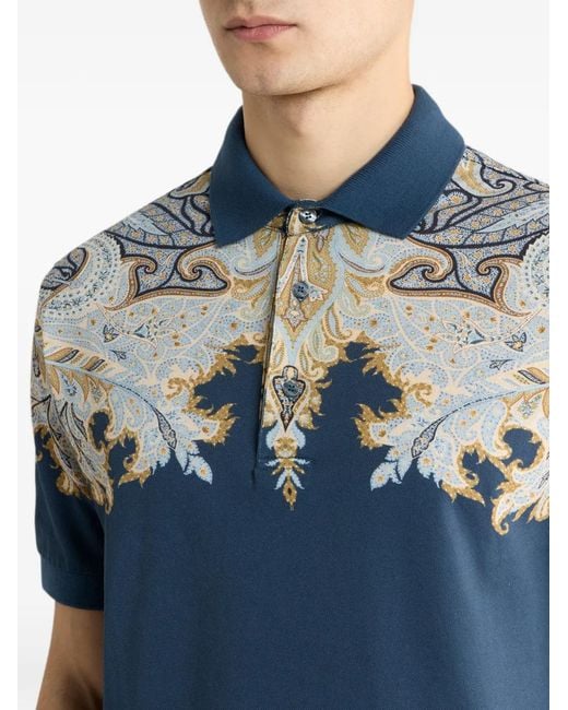 Etro Blue Cotton Pique Polo Shirt With Placed Print for men