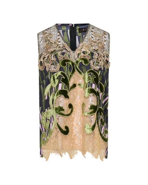 Biyan Metallic Bead-Embellished Lace-Trim Silk Blouse