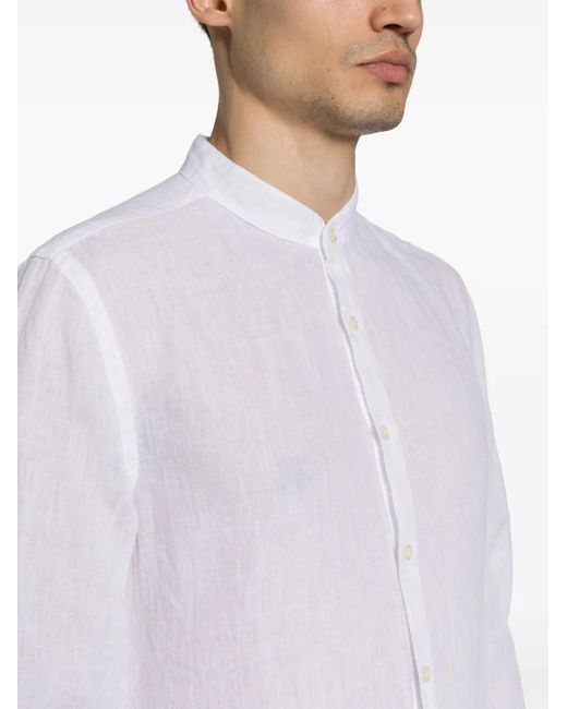 120% Lino White Band-Collar Linen Shirt for men