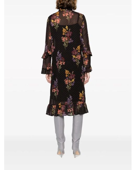 Twinset Black Double-Layer Floral-Print Midi Dress
