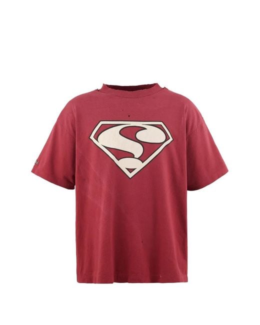 SAINT Mxxxxxx Red Distressed Graphic-Print T-Shirt for men