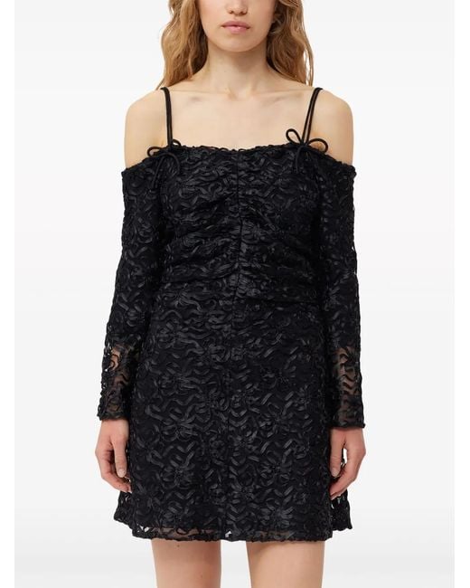 Ganni Black Off-Shoulder Bow-Pattern Minidress