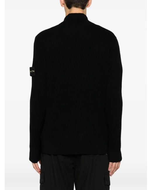 Stone Island Black Ribbed Rws Wool Zip-Up Cardigan With Logo Badge for men