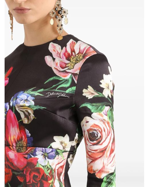 Dolce & Gabbana Black Floral Satin Midi Dress