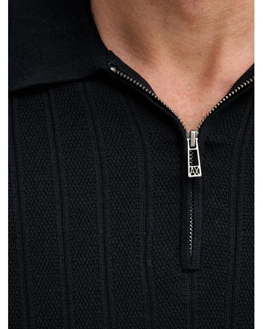 ARMANI EXCHANGE Black Ribbed Zip-Fastening Polo Shirt for men