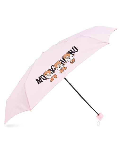 Moschino Pink Teddy Bear-Logo Print Compact Umbrella