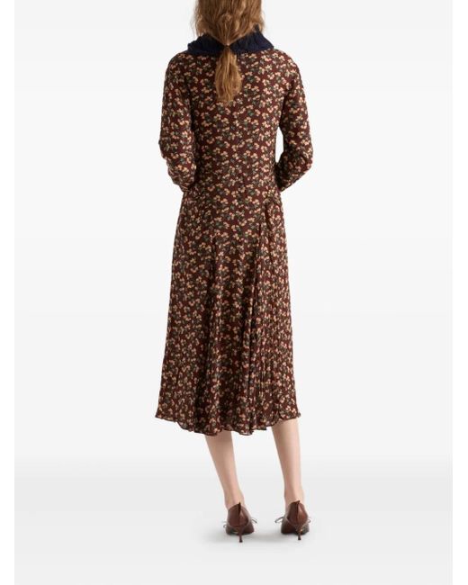 Prada Brown Floral-Print Pleated Knit-Trim Midi Dress