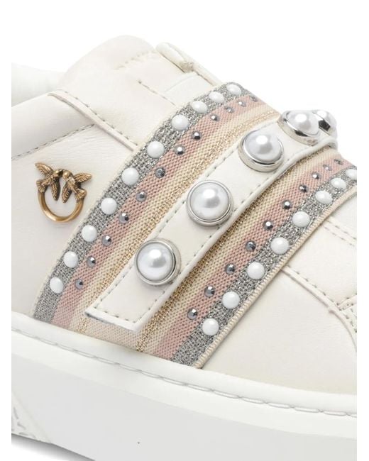 Pinko White Pearl-Embellished Platform Sneakers