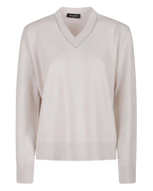 Fabiana Filippi White Verzierter Kaschmirpullover mit V-Ausschnitt