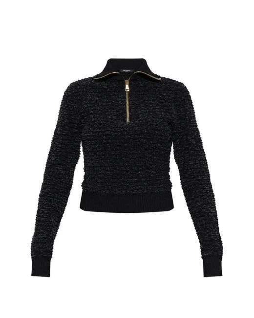 Balmain Black Bouclé-Knit Quarter-Zip Sweater