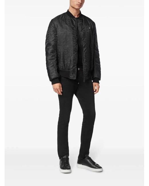 Philipp Plein Black Monogram-Jacquard Bomber Jacket for men