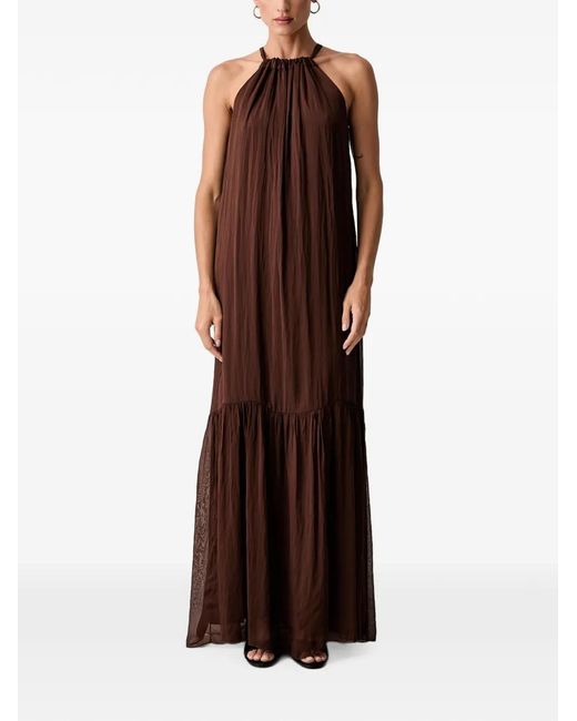 Haveone Brown Gathered-Neck Tiered Maxi Dress