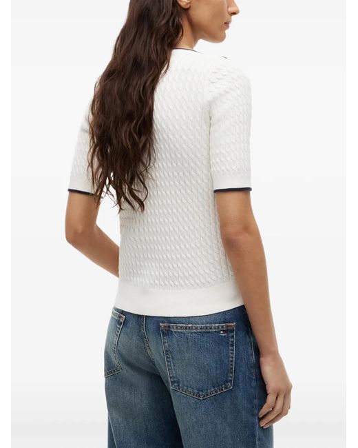 Tommy Hilfiger White Cable-Knit Short-Sleeve Sweater