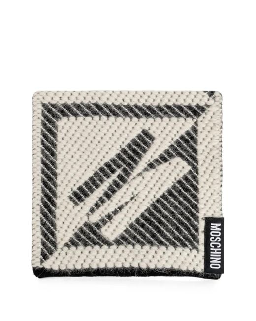 Moschino Gray Geometric-Pattern Logo-Patch Scarf