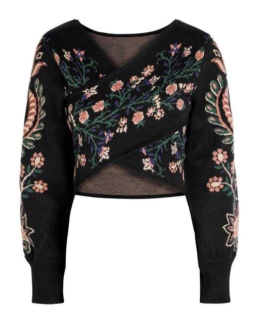 Farm Rio Black Marvelous Garden Floral-Jacquard Knit Crop Top