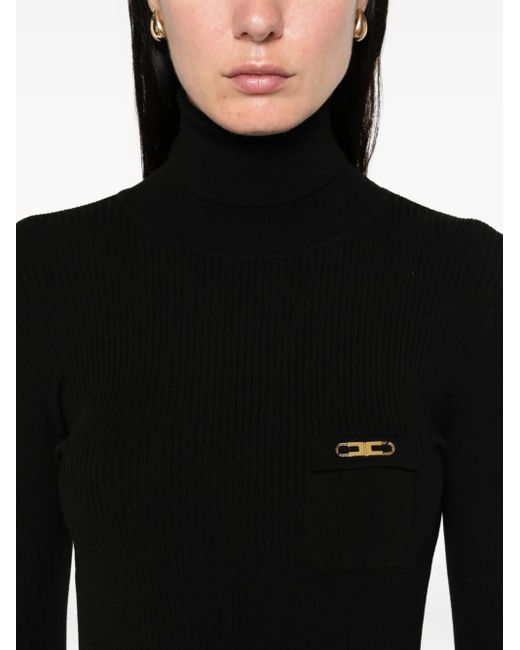 Elisabetta Franchi Black Form-Fitting Midi Dress With Turtleneck