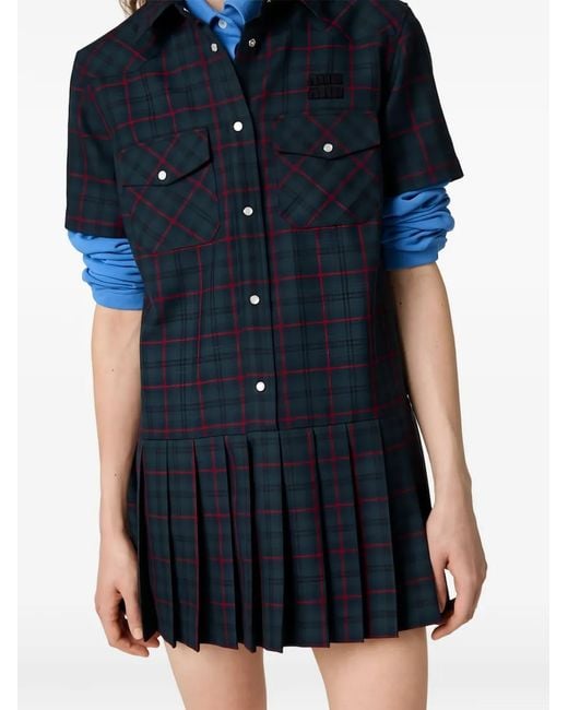 Miu Miu Black Tartan Check Mini Shirt Dress