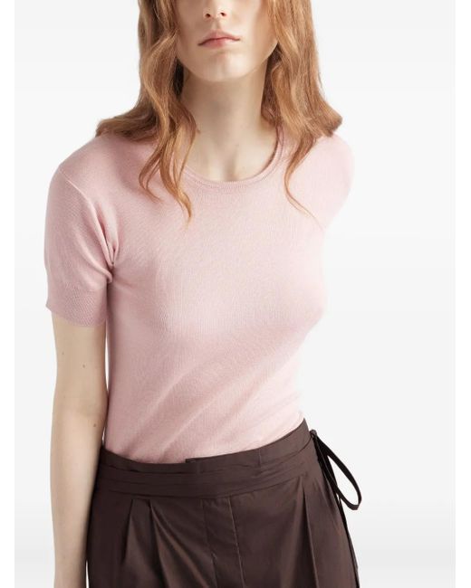 Prada Pink Short-Sleeve Ribbed Sweater