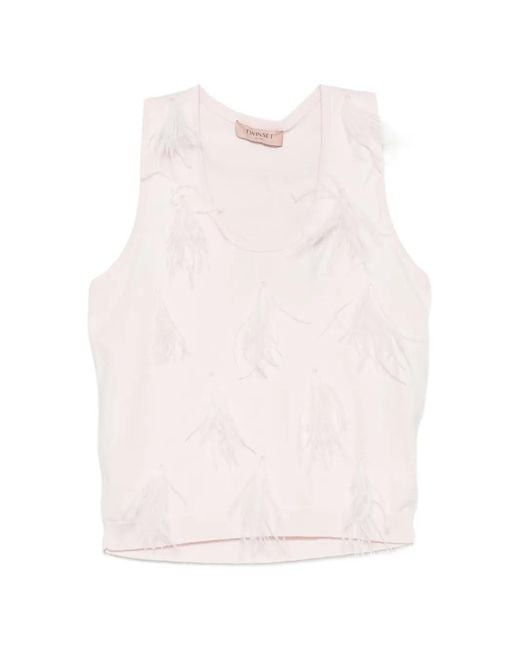 Twinset Pink Feather-Embellished Ribbed-Knit Top