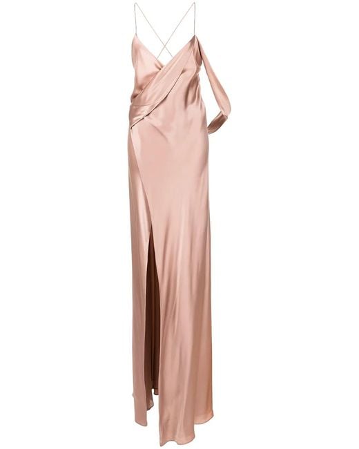 Michelle Mason Pink Silk Wrap Floor-Length Gown