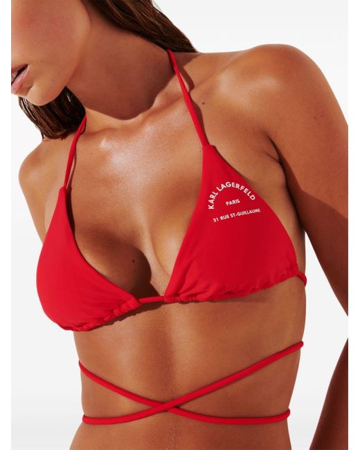 Karl Lagerfeld Red Logo-print Triangle Bikini Top