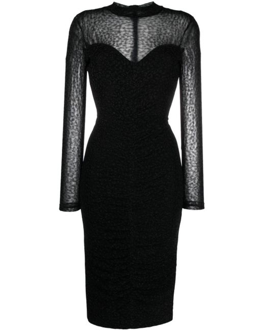 Nissa Black Ruched Patterned-jacquard Midi Dress
