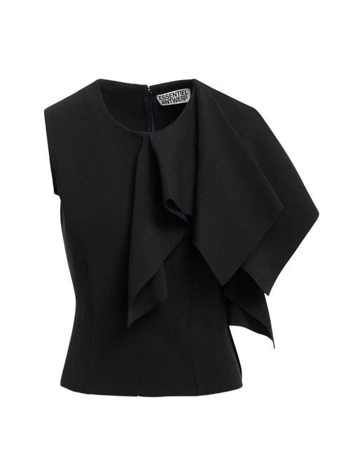 Essentiel Antwerp Black Know Ruffled Asymmetric-Neck Blouse