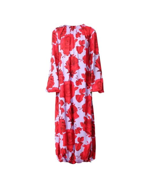 MSGM Red Floral Long-Sleeve Dress
