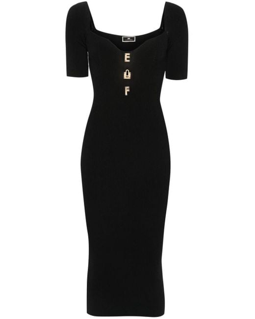 Elisabetta Franchi Black Geripptes Kleid mit Logo-Schild