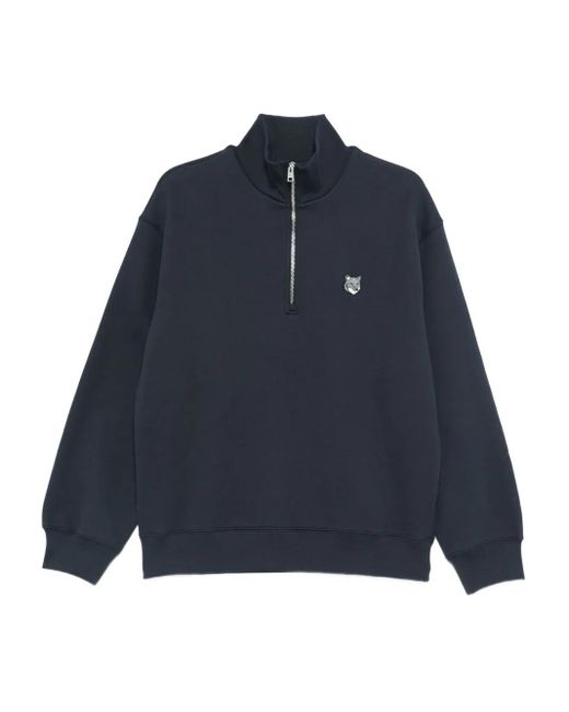 Maison Kitsuné Blue Half-Zip Fox-Head Sweatshirt for men