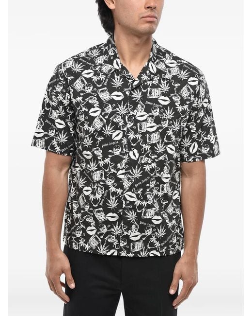 Palm Angels Black Graphic-Print Chest-Pocket Shirt for men