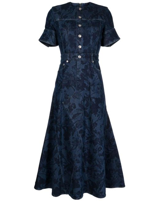 Erdem Blue Floral-print Stretch-denim Midi Dress