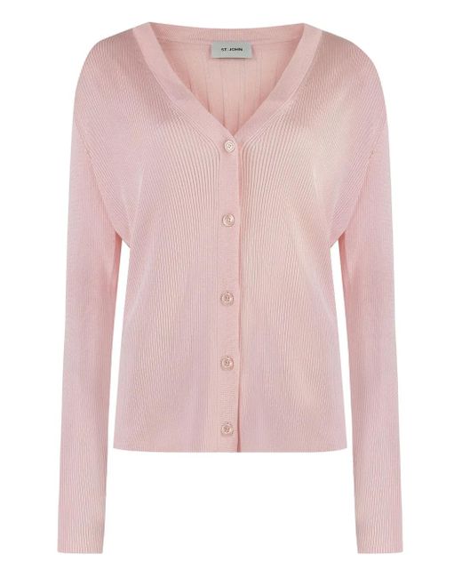 St. John Pink Ribbed Button-Up Cardigan