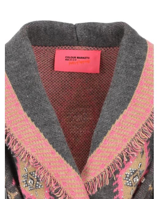 COLOUR MARKET® Pink Geometric-Pattern Fringed Cardigan