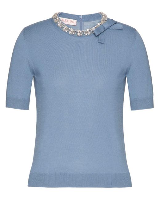 Valentino Garavani Blue Fein gestricktes T-Shirt mit Kristallen