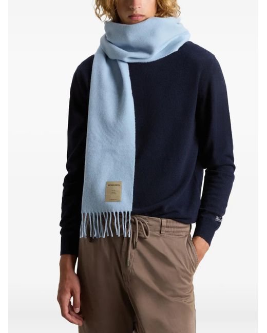 Woolrich Blue Fringed Wool Scarf for men