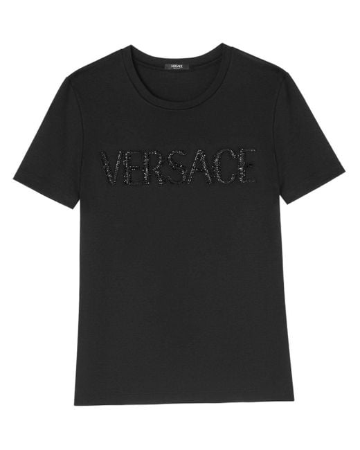 T-shirt en coton à ornements en cristal Versace en coloris Black