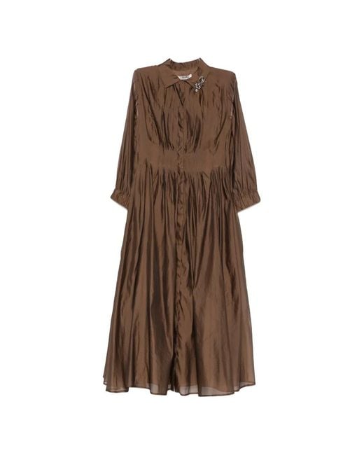 Max Mara Brown Crystal-Embellished Pleated Midi Dress
