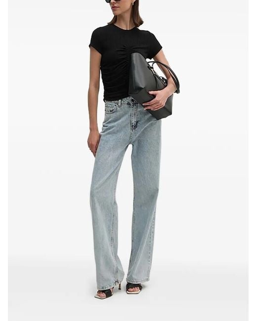 DKNY Blue Ribbed Gathered T-Shirt